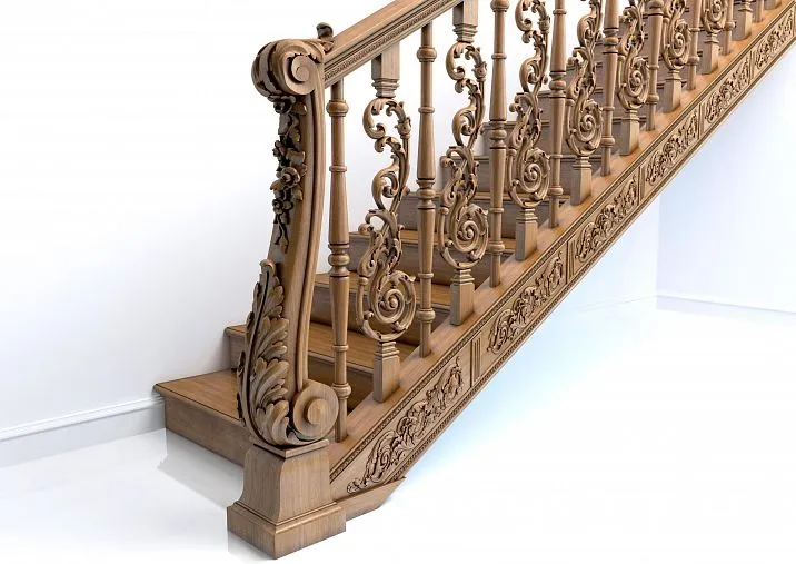 Carved wooden newel post for staircase in interior