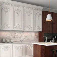 Wooden carved molding in interior on photo usage for furniture