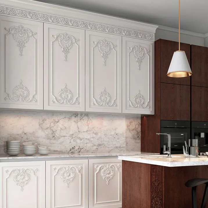 Wooden carved molding in interior on photo usage for furniture