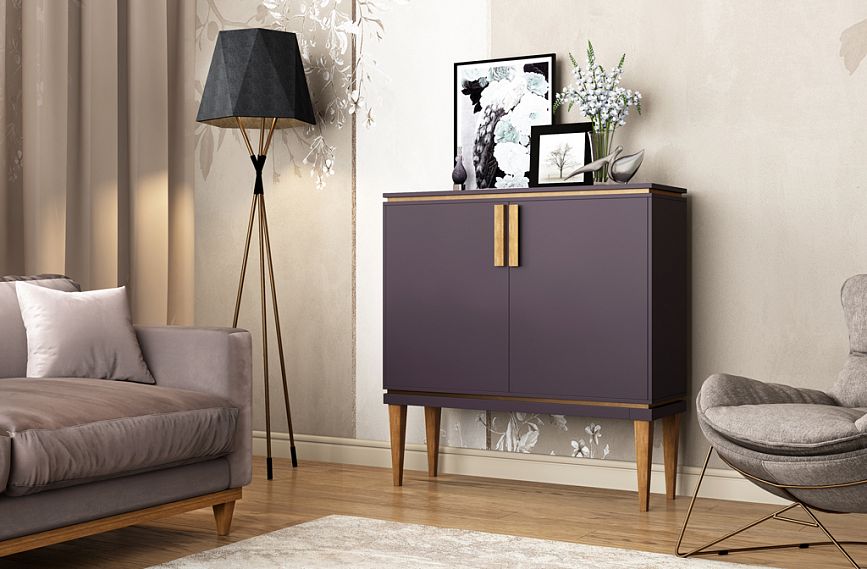 Оформление комода KMD-005 с мебельными ручками HL-011 и дивана с точеными ножками MN-146 в интерьере гостиной.