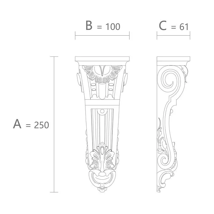 Carved polyurethane bracket KRPU.VRS-013 drawing with dimensions