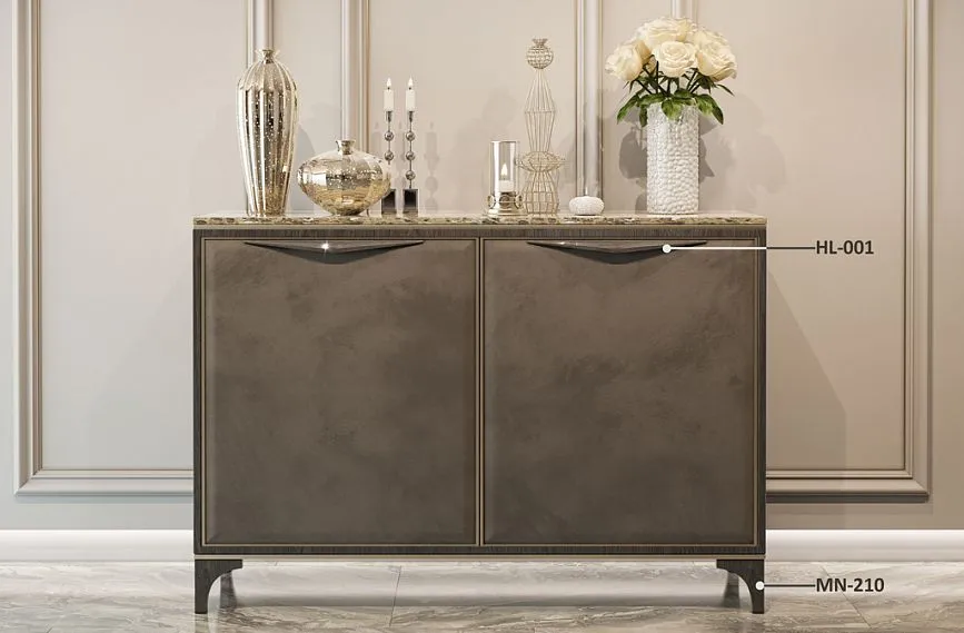 Комод KMD-019 в современном декоре с ручкой Prestige HL-001 и ножками MN-210 в дизайне прихожей комнате.