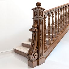 Carved bracket KR-018 from solid beech and oak, as a staircase detail