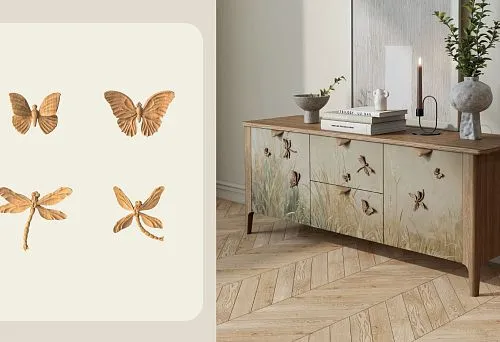 Комод украшенный резными накладками в виде бабочек и стрекоз 