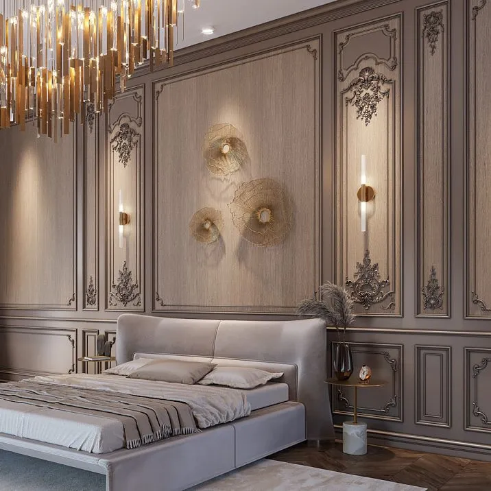 C.VRS-057 decor set in the bedroom on an interior photo, wooden decor on walls