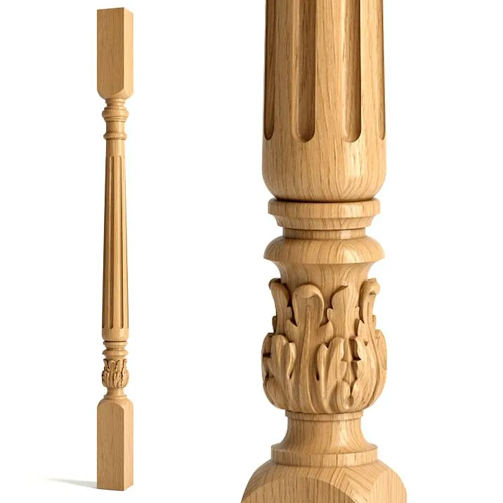Carved wooden stair baluster L-111 with fluting and acanthus leaves