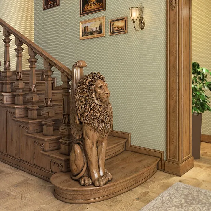 Grand staircase post made of solid wood, interior photo