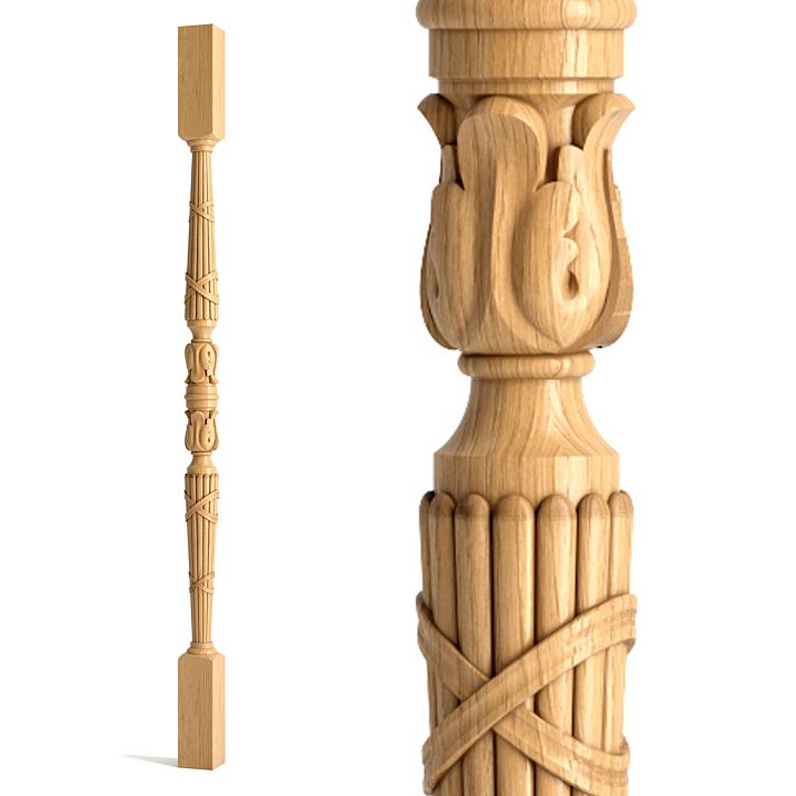 Carved wooden staircase baluster L-046 with fluting and acanthus leaf motifs