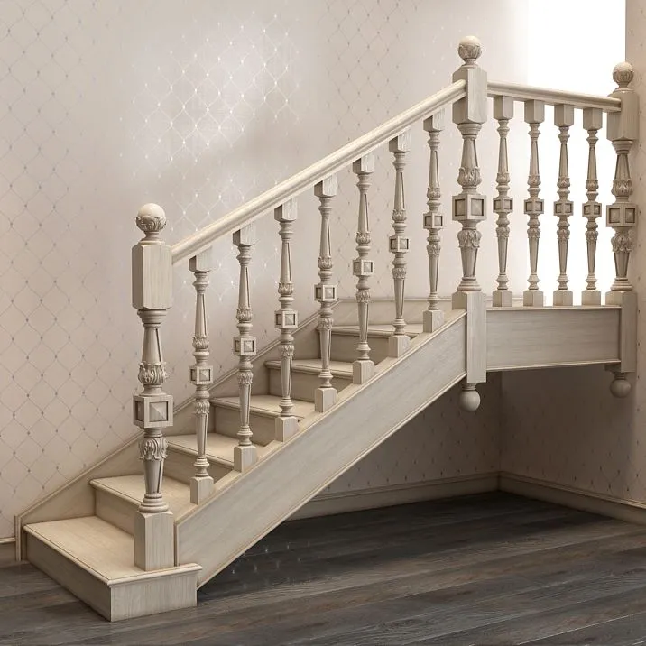 Wooden stair baluster L-025 with a cube in the center and carved leaves along the edges