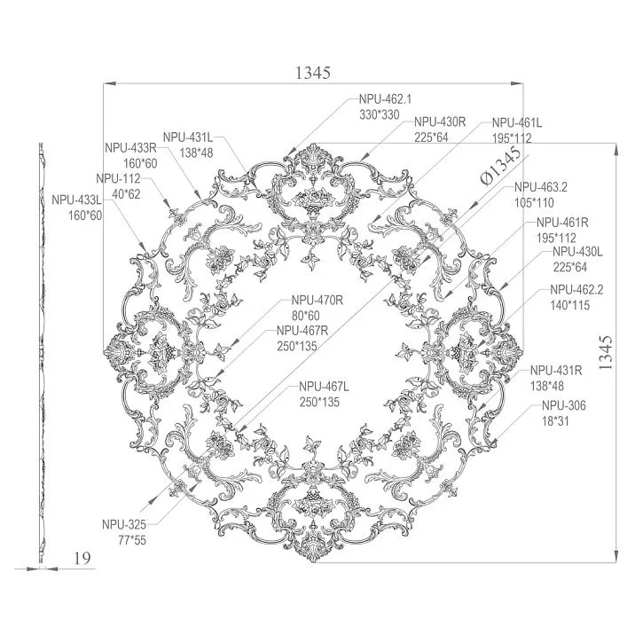 Molded decor CPU-066 for decorative molding on walls and ceiling interior composition set