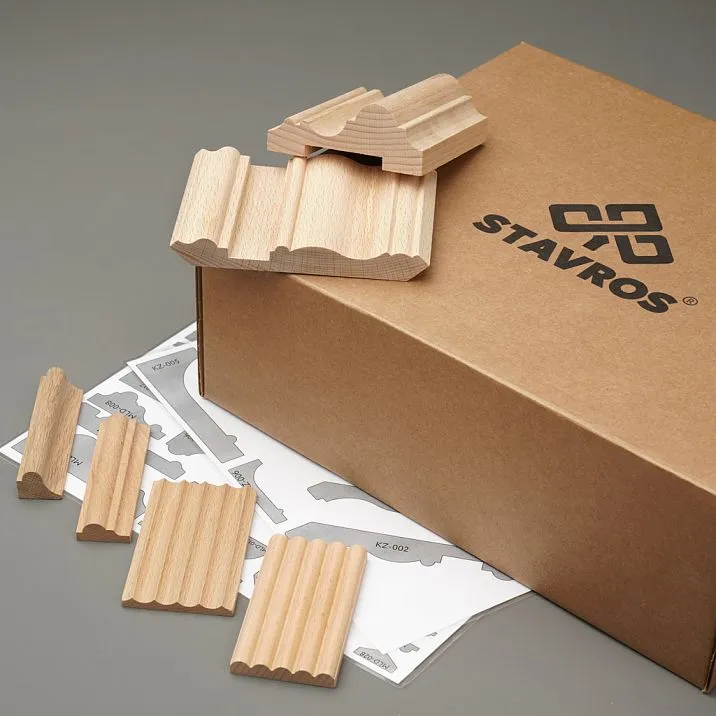 Fragment of the OMLD-005 set with samples of ribbed, decorative, and classic moldings made of solid wood