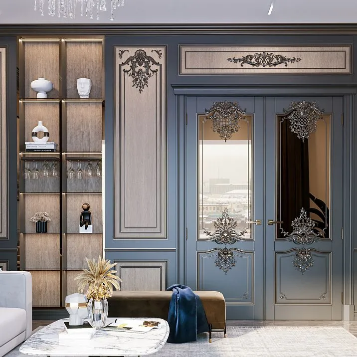 Stucco decor CPU.VRS-060 installed on a wall in a classic interior, creating an accent panel effect.