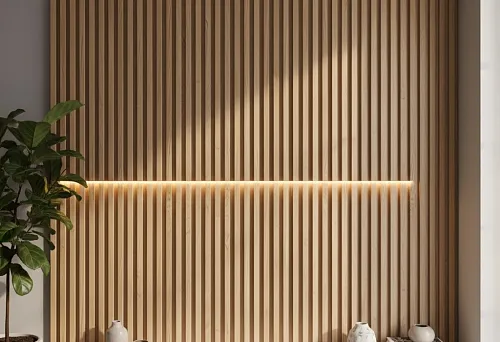 Современный интерьер с декоративными рейками на стене и подсветкой