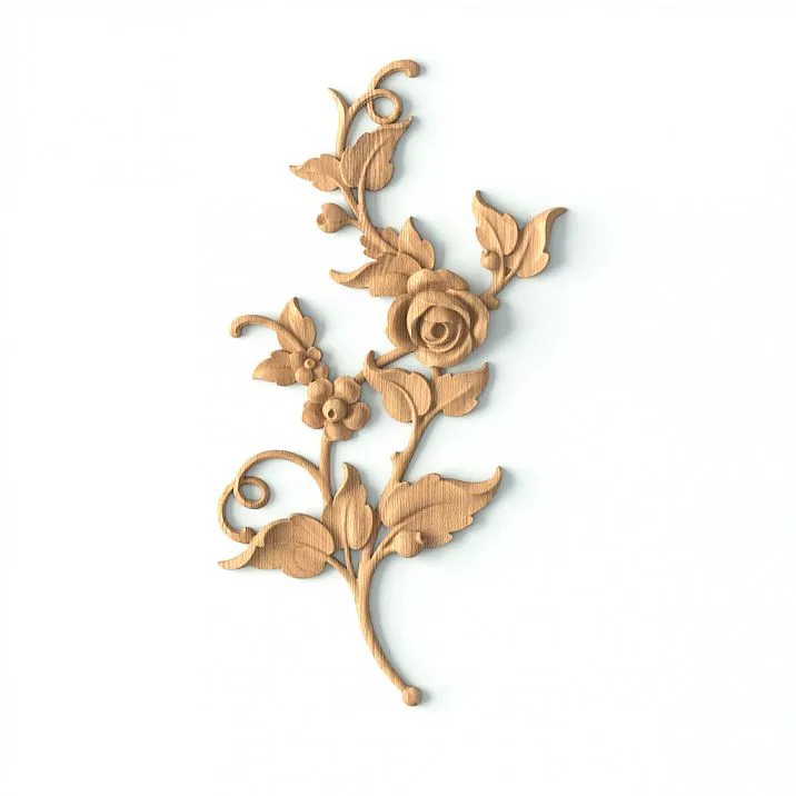 Carved appliqu&eacute; N-467L from wood with botanical ornament on a white furniture facade
