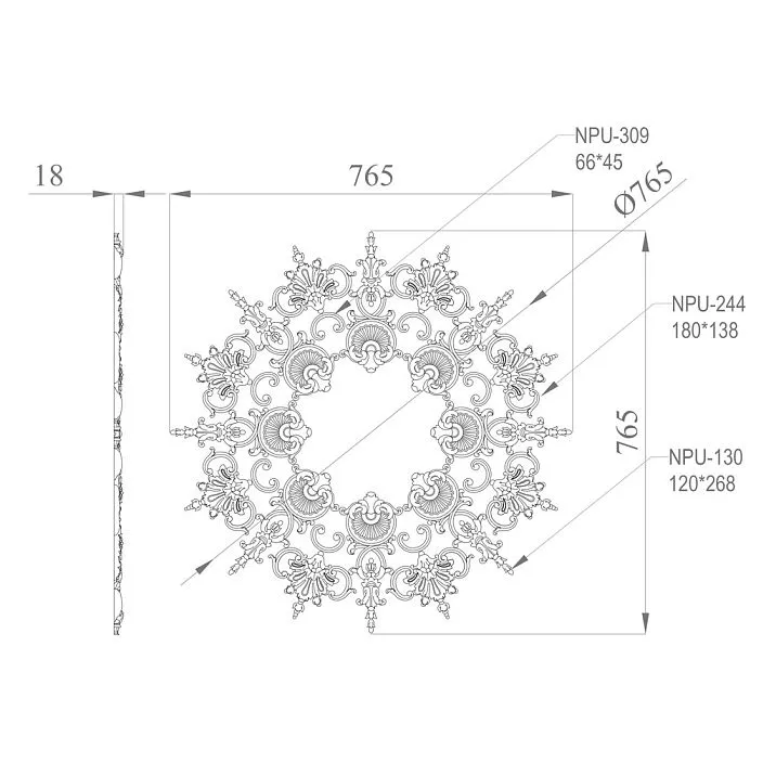 Molding decoration CPU-070 from polyurethane for wall and ceiling moldings, kit composition