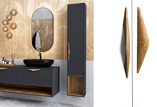 Современный интерьер ванной комнаты с тумбой и высоким шкафом тёмного цвета