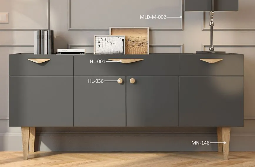 Комод KMD-040 с элегантными ножками MN-146 с двумя видами ручек HL-036 и HL-001 в интерьере прихожей.