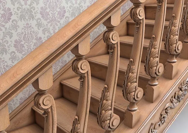 Wooden baluster L-005 with cylindrical or conical shape, view on the staircase