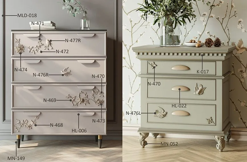 Идея декорирования комода KMD-046 с резными накладками N-46, N-474 и элегантными ножками MN-149, MN-052.