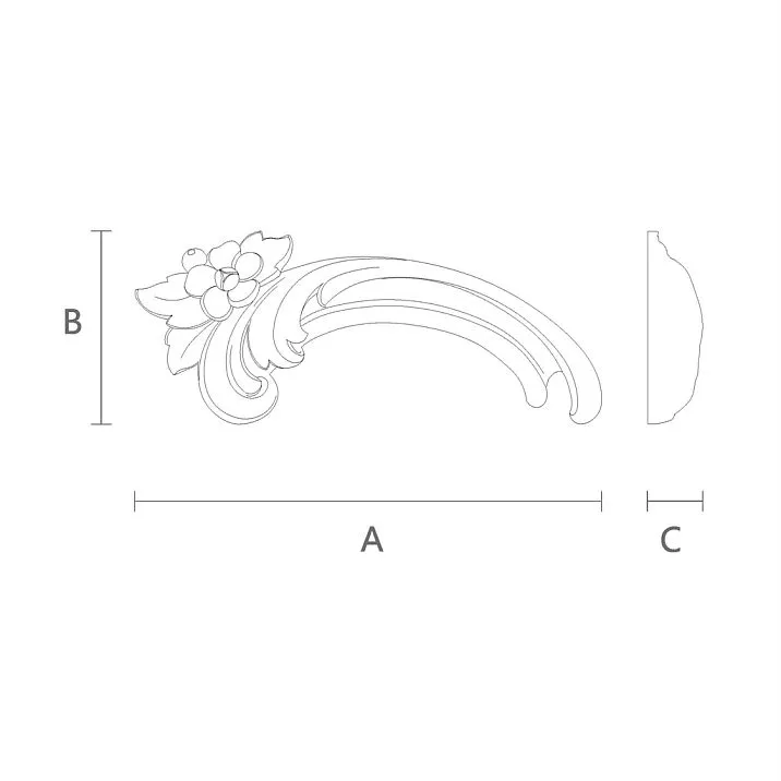 Drawing of NPU-424L molded decoration with indication of height, width, and thickness from polyurethane