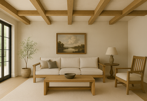 Светлая гостиная с потолочными фальш балками из дерева, мягким диваном, деревянным креслом