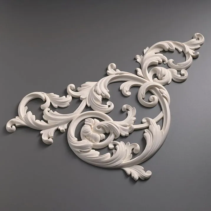 Carved polyurethane overlay NPU-440R, luxurious asymmetrical molding with scrolls. Decorative element Stavros for walls, ceilings, and furniture, paintable
