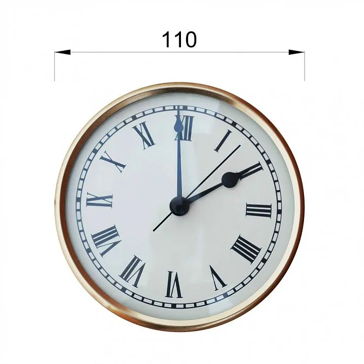 Quartz clock capsule with brass rim and Roman numerals on a white dial.