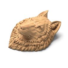Carved wooden mask in the shape of a wolf's head, side view