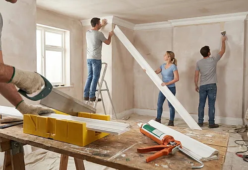 Как клеить лепнину из полиуретана: команда на ремонте примеряет потолочный карниз и выверяет примыкание по углу комнаты