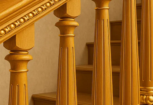 Роскошные декоративные балясины на лестничном марше в классическом стиле с геометрическим и орнаментальным оформлением