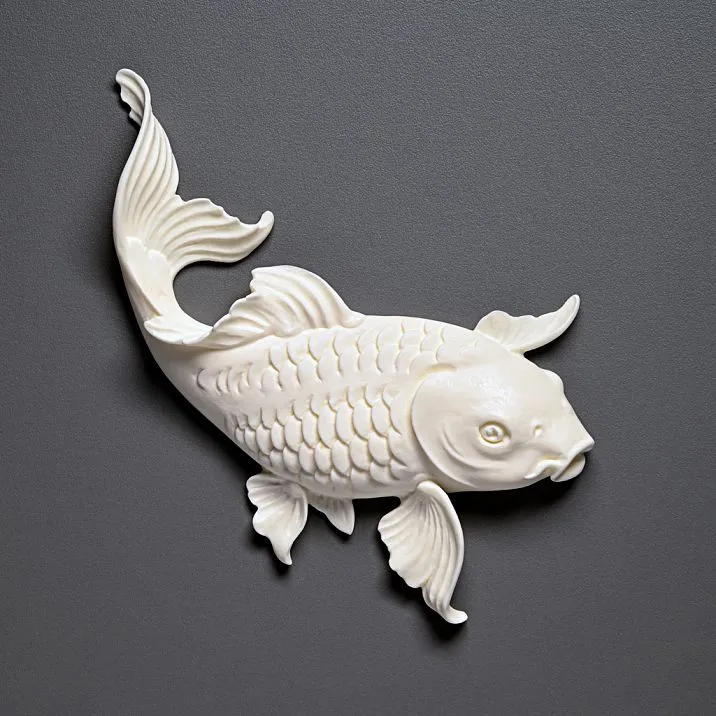 Carved overlay NPU-483L made of STAVROS polyurethane in the form of a three-dimensional fish figure with detailed scales for interior decor, left