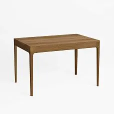 Front view of table Norton 002-009, showcasing its modern shape and natural wood finish.