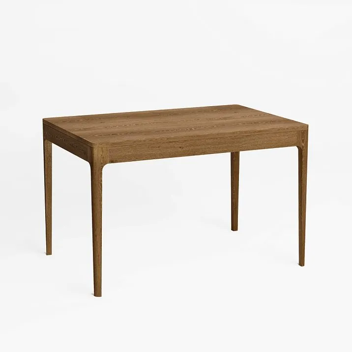 Front view of table Norton 002-009, showcasing its modern shape and natural wood finish.