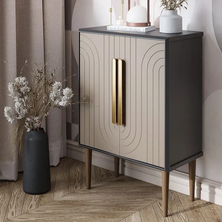 Furniture handles for cabinets and drawers shown in interior photos