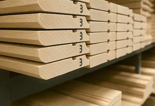 Профилированные деревянные плинтусы на стеллаже — готовые к установке изделия