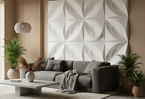 Гостиная с белыми 3D-панелями, деревянными рейками и серым диваном