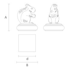 Finial on post L-066 in the form of a ball or pinecone with a squirrel drawing