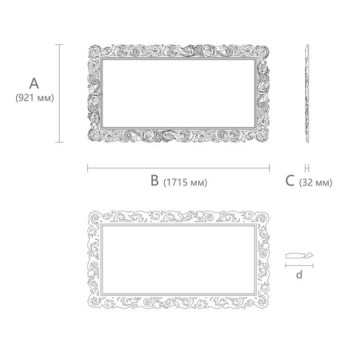 Carved wooden frame RM-014 with custom sizing diagram