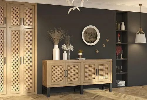 Интерьер гостиной с корпусной мебелью 2025 года: комод и шкаф с деревянными фасадами в современном стиле