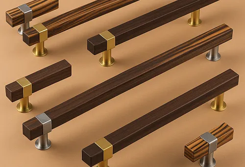 Современные мебельные ручки из дерева с золотыми и серебряными креплениями.