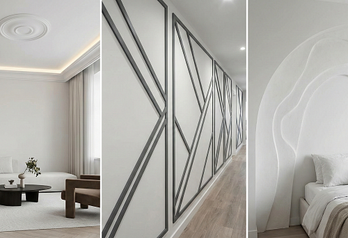 Современный интерьер с лепниной из полиуретана: лаконичный карниз и потолочная розетка в светлой гостиной