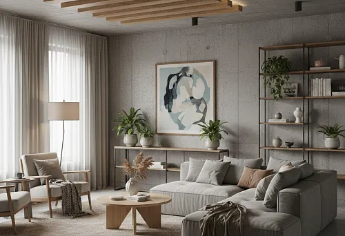 Гостиная White Box с бетонными стенами, деревянными потолочными рейками и мягкой мебелью