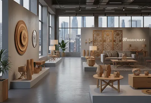 интерьерный салон с деревянными изделиями и современными элементами декора