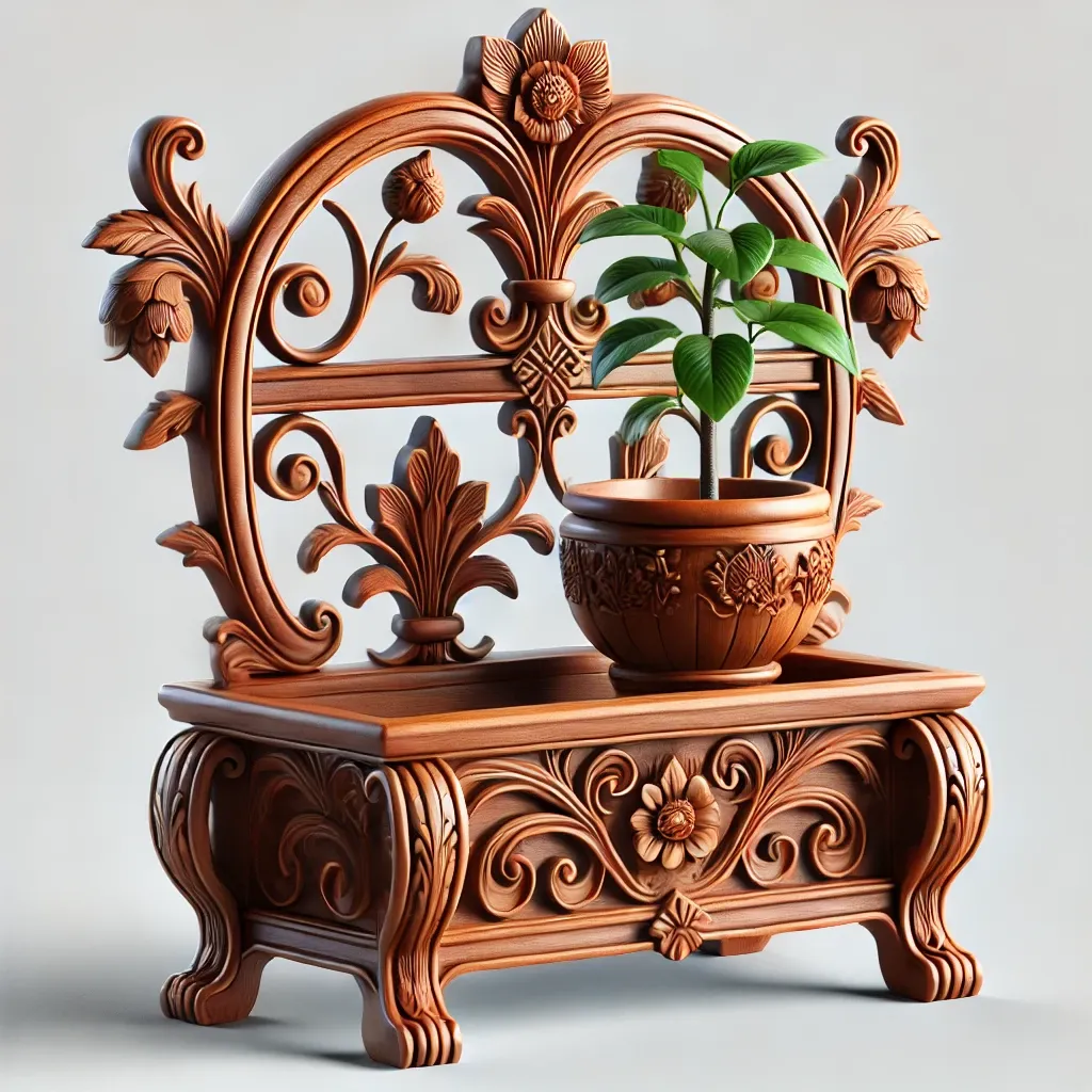 DALL&middot;E 2024-10-17 18.35.49 - A decorative wooden flower stand using the uploaded image of the ornate carved bracket (KR-032). The flower stand is made of two identical carved brac.jpg