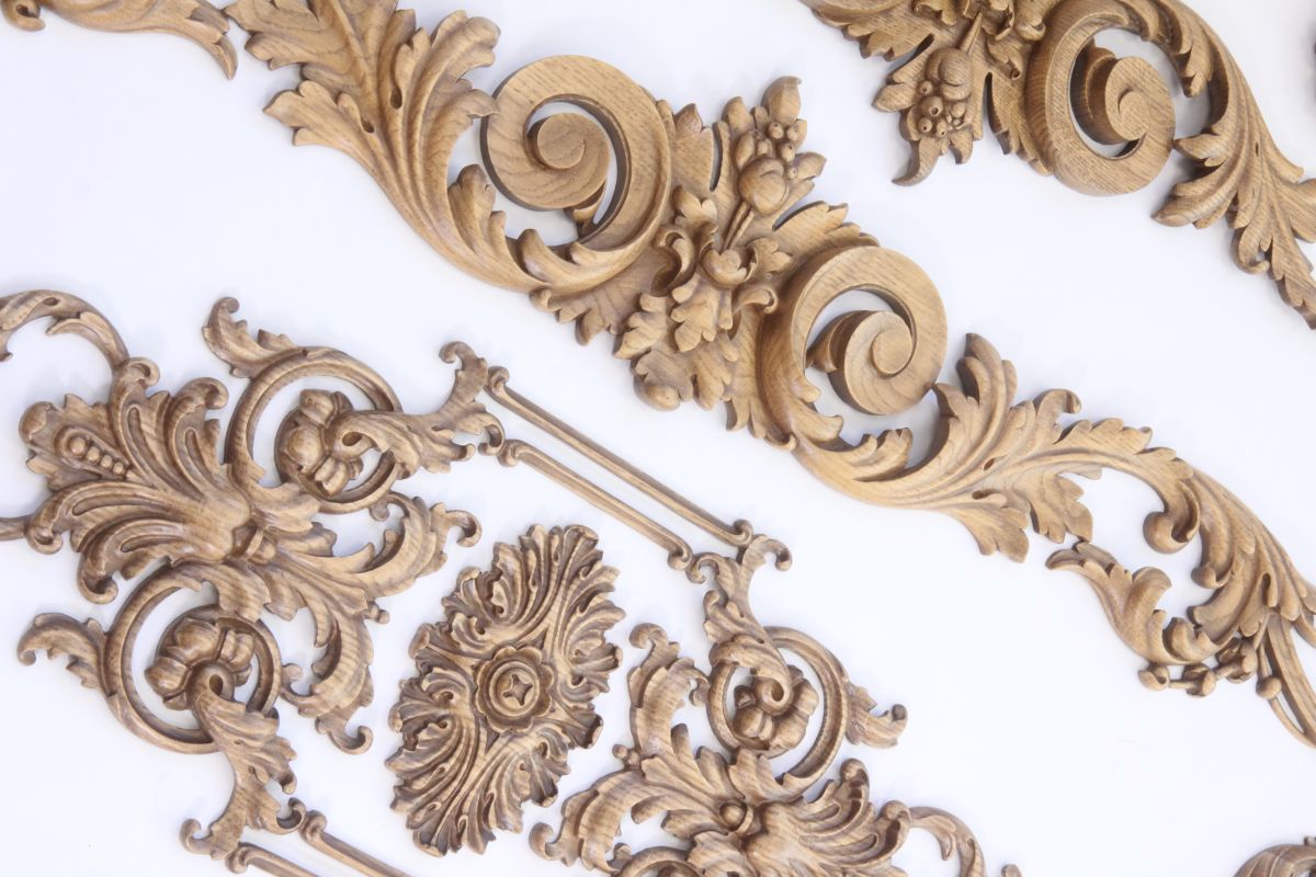 Carved wooden decorative elements: complex patterns and motifs