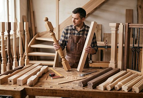 Handrails and balusters for a wooden staircase in a home interior