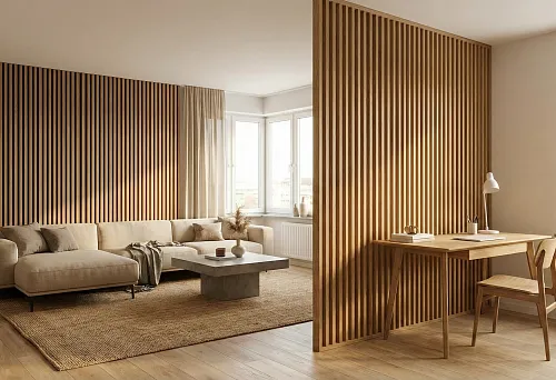Decorative slats on the wall for zoning: a slatted partition separates the study from the living room