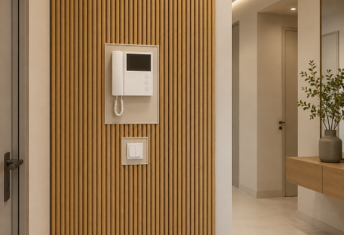 Slatted panel PAN-003 1000&times;11&times;2670 mm around the intercom and light switch without recessing the electrical fittings