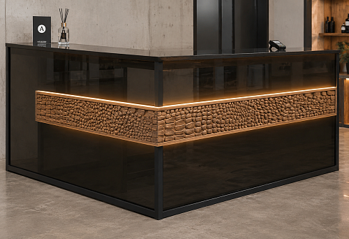 Sample wooden baguette K-093 100&times;17&times;300 mm on a black metal and smoked glass reception desk