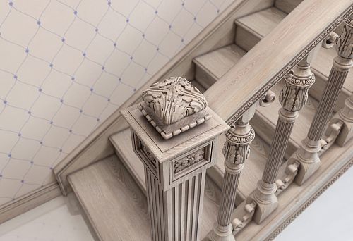 Bright staircase with carved balusters and decorative column in interior